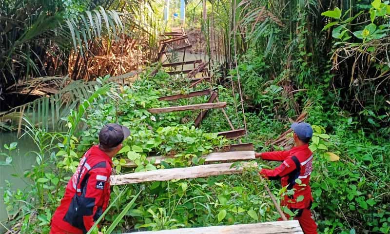Vertical Rescue Indonesia (VRI) Regional Lampung membangun kembali Jembatan Gantung Tampang Muda di Kecamatan Pematang Sawa, Tanggamus | Foto: Ist.